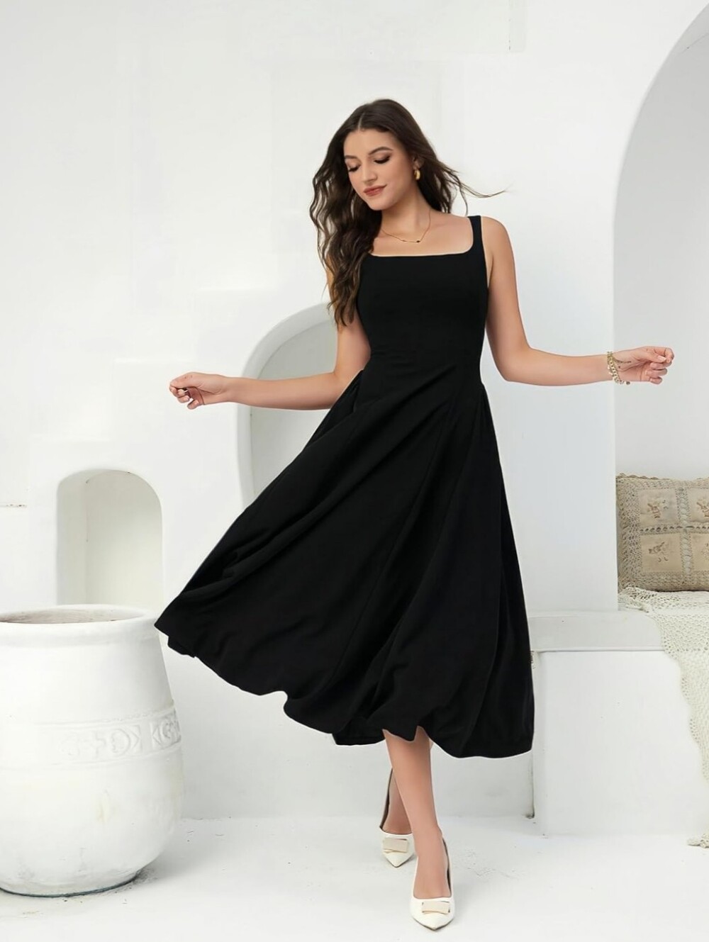 ORQUWEH (Amazon) Brand - Black Square Neck Sleeveless Maxi Swing Skirt Dress - S
